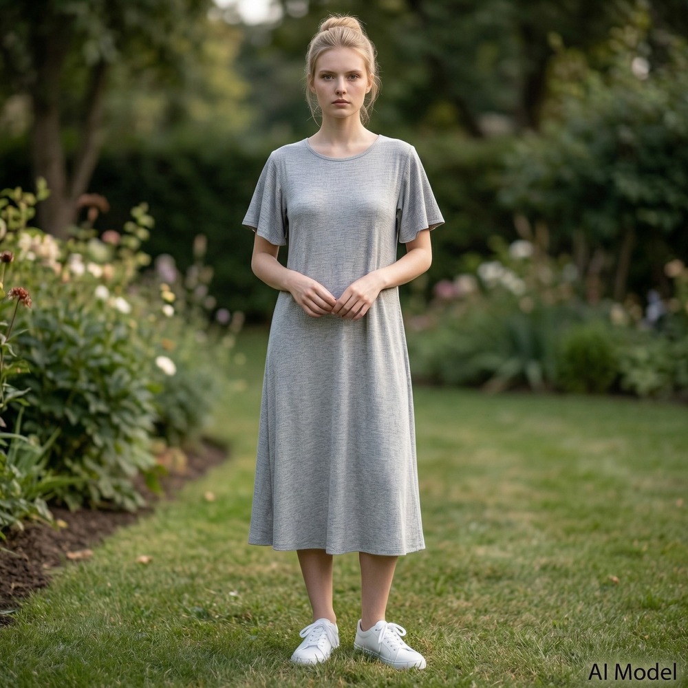 Ecothreads Flutter Sleeve Midi Dress Womens XL Grey‎ Ribbed Knit DC1451FM Casual